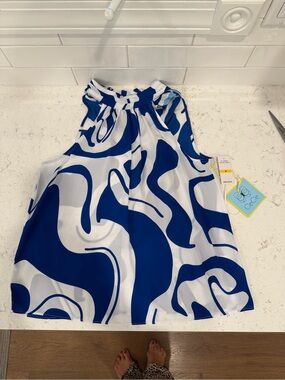 CeCe Bold Blue & White Abstract Halter Women’s Top NWT Size M